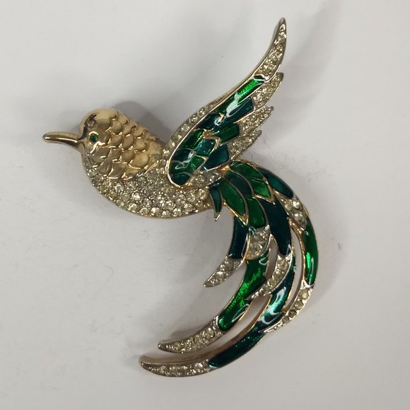 Bird Parrot Pin Brooch Green White Costume Jewelry Vintage Gold Tone Rhinestone - Picture 11 of 14